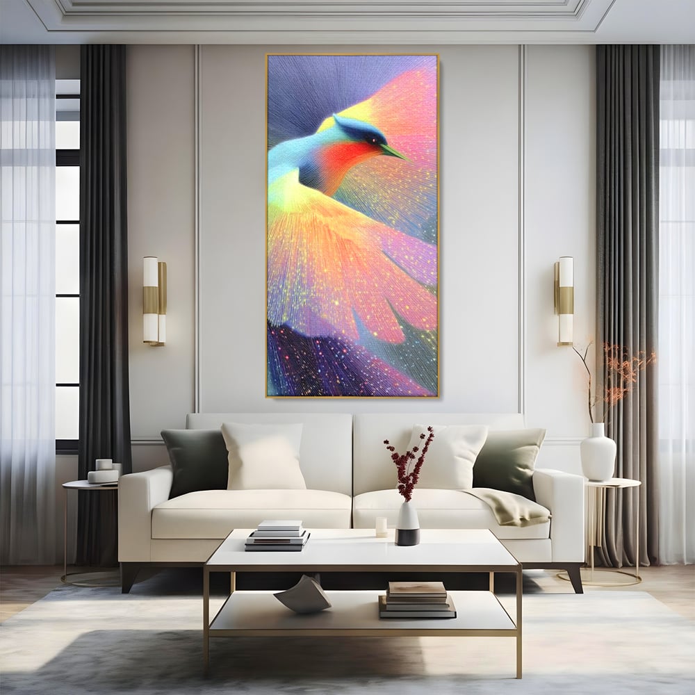 Tablou canvas cu tablou canvas cu pasare colorata in zbor, in rama de aluminiu auriu, pe perete intr-un living